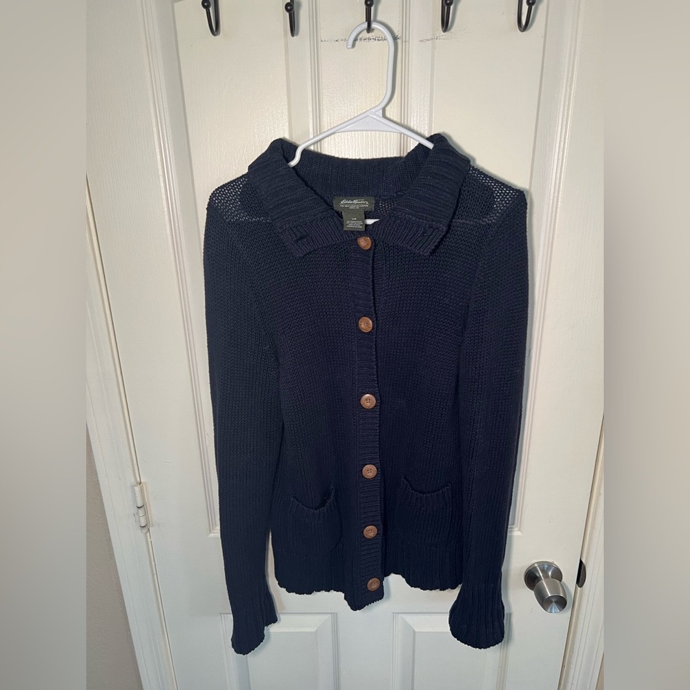 Eddie Bauer Navy Blue Knit Button Front Cardigan Sweater Size L - Picture 5 of 10